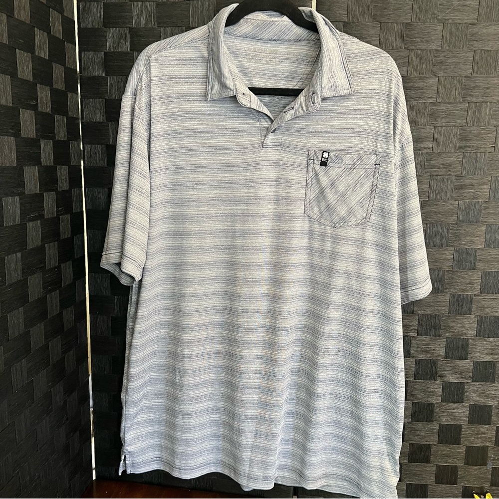 Black Clover Mens XL Golf Polo Shirt Gray Blue Striped Performance Short Sleeve